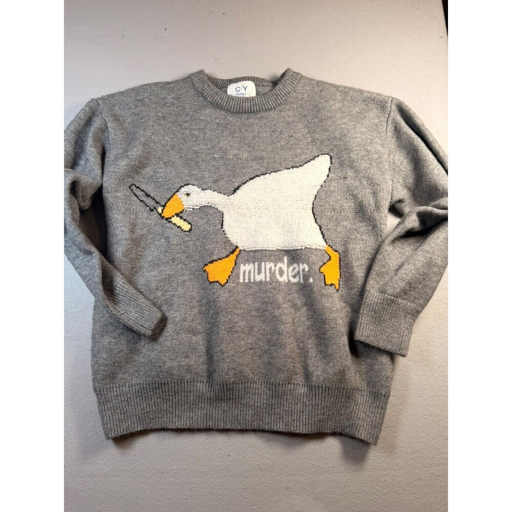 C Y Cuang Yi Murder Goose Knife Sweater Grey Knit Meme Graphic Pullover Unisex